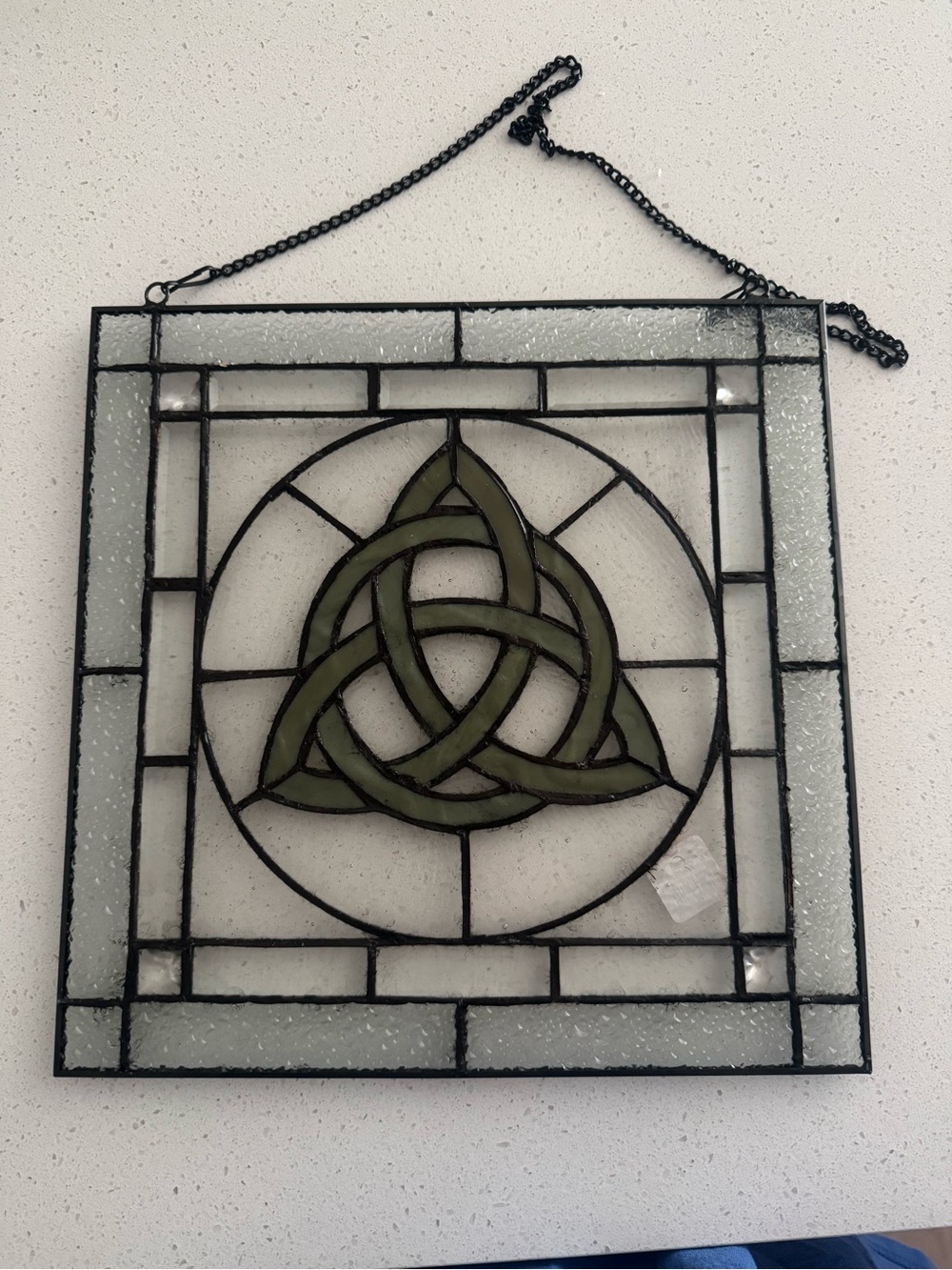 Green Celtic knot stained glass panel